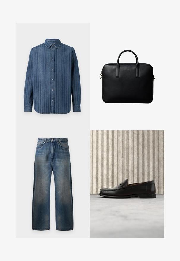 Samsøe Samsøe SADAMON SHIRT - Chemise - denim; Jean en denim bleu à jambes larges avec une finition délavée, comportant cinq poches, une fermeture à bouton et des détails de couture visibles.; Mocassin penny en cuir noir avec talon bas, bout arrondi et détails cousus à l'avant et sur les côtés, présenté sur un fond neutre.; Mallette en cuir noir texturé avec double poignées et tirettes de fermeture éclair argentées, centrée sur fond blanc.