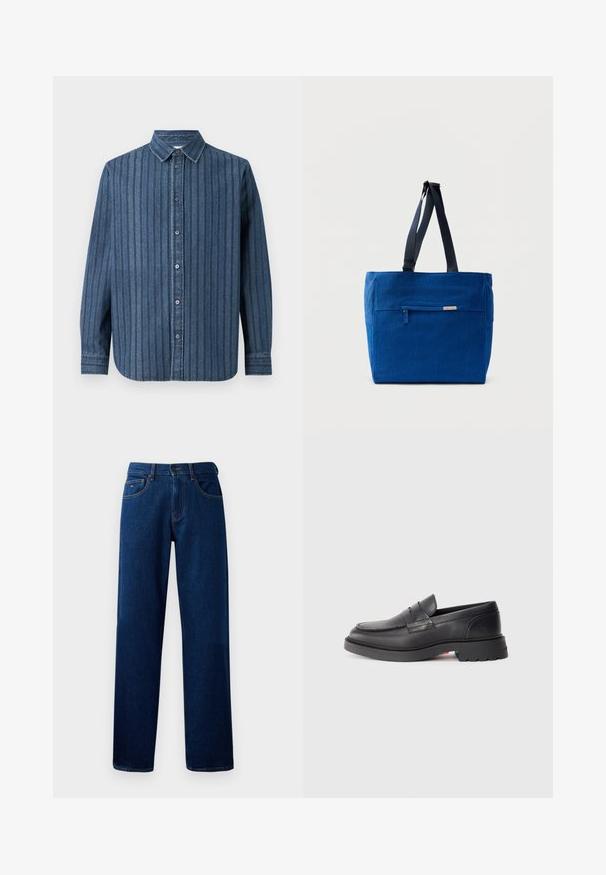 Samsøe Samsøe SADAMON SHIRT - Hemd - denim; Dunkelblaue gerade geschnittene Jeans aus Denim mit Knopf- und Reißverschluss vorne sowie Fünf-Taschen-Design auf einem weißen Hintergrund.; Schwarze Leder-Lenker mit runder Spitze, erhobenem Naht und dicker Gummisohle. Schlichtes Design mit minimaler Markenpräsenz an der Seite.; Blaue Canvas-Einkaufstasche mit einer vorderen Reißverschlusstasche, doppelten Schulterriemen und rechteckiger Form. Verfügt über ein dezentes Markenlabel.