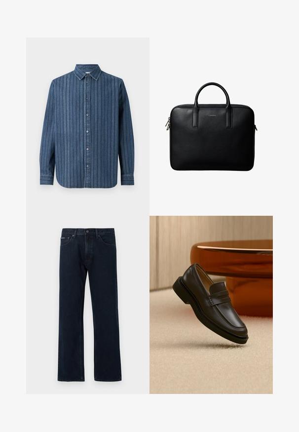 Samsøe Samsøe SADAMON SHIRT - Pluus - denim; Tumesinised sirge säärega teksad, millel on ees nööpidega ja luku sulgumine, ees taskud ja vööaasad.; Mustast nahast loafer, mis hõljub beeži vaiba kohal, taustal pruunid ümarad mööbliesemed.; Mustast tekstuuriga nahast portfell kahe käsitsemisvõimalusega ja hõbedaste tõmblukuga, valge tausta keskel.