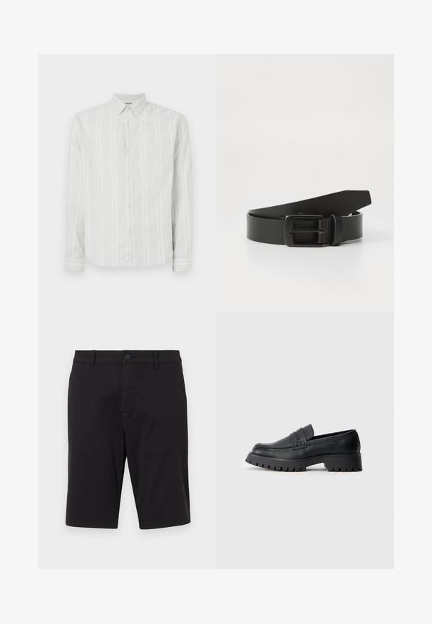 Hellgraues Langarmshirt mit weißen vertikalen Streifen, Knopfverschluss vorne und klassischem Kragen. Besitzt eine detailreiche Manschette an den Ärmeln.; Schwarze Shorts aus einem leichten Stoff. Mit Knopfverschluss, Gürtelschlaufen, zwei Seitentaschen und geradem Schnitt.; Schwarze Leder-Loafer mit abgerundeter Schuhspitze, ausgestattet mit einem dekorativen Riemen und einer robusten Gummisohle mit tiefem Profil für besseren Halt.; Schwarzer Leder Gürtel mit einer mattschwarzen Metallschließe, ausgestattet mit einer glatten Textur und einfachem Design. Verstellbare Länge mit zulaufendem Ende.