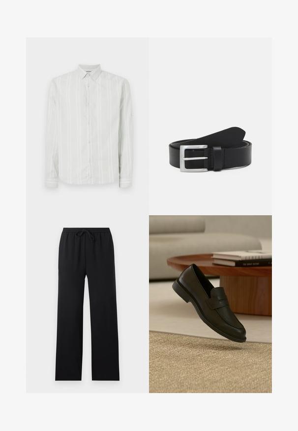 Hellgraues Langarmshirt mit weißen vertikalen Streifen, Knopfverschluss vorne und klassischem Kragen. Besitzt eine detailreiche Manschette an den Ärmeln.; Schwarze locker sitzende Hose mit elastischem Bund und vorderem Kordelzug, gerade Beine, schlichtes Design, auf neutralem Hintergrund dargestellt.; Schwarzer Lederloafer-Schuh schwebt über einem beige gewebten Teppich, mit einem Holztisch und gestapelten Büchern in einem sanft beleuchteten Wohnzimmer.; Schwarzer Leder Gürtel mit glatter Textur, silberner rechteckiger Schnalle und einer Schlaufe für das Ende. Verfügt über eine saubere Naht entlang der Kanten.
