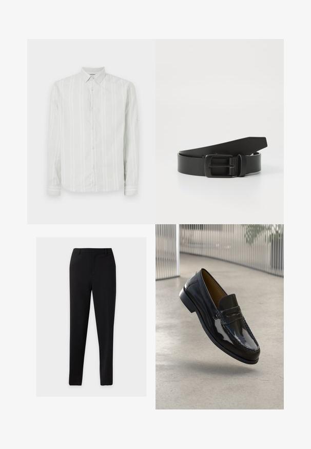 Hellgraues Langarmshirt mit weißen vertikalen Streifen, Knopfverschluss vorne und klassischem Kragen. Besitzt eine detailreiche Manschette an den Ärmeln.; Schwarze, schlanke, formelle Hose mit Gürtelschlaufen und einer sauberen Vorderseite, vor einem einfarbigen hellen Hintergrund dargestellt.; Schwarze Lacklederloafers mit einer gestickten Akzentuierung, runder Zehenpartie, niedrigem Absatz und glatter Oberfläche, vor einem neutralen Hintergrund präsentiert.; Schwarzer Leder Gürtel mit einer mattschwarzen Metallschließe, ausgestattet mit einer glatten Textur und einfachem Design. Verstellbare Länge mit zulaufendem Ende.
