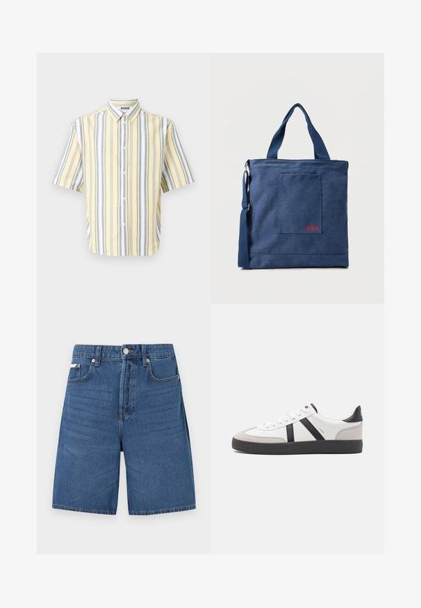 Chemise à manches courtes jaune avec des rayures verticales grises et blanches, dotée d'un col boutonné et d'une fermeture à boutons sur le devant.; Short en denim bleu clair avec fermeture éclair devant, bouton, passants de ceinture et cinq poches, présenté sur fond blanc uni.; Baskets blanches avec des accents noirs et gris, présentant un embout texturé gris, une semelle en caoutchouc noir et des lacets plats blancs. Design épuré, style minimaliste.; Sac fourre-tout en toile bleue avec poche frontale et broderie rouge "O.N.S", doté de doubles poignées et d'une bandoulière réglable.