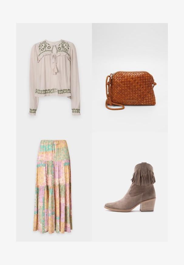 Lichtroze blouse met lange mouwen, versierd met ruches, groene bloemenborduursels op de aangeklede kraag en zoom, en een vastgebonden halslijn met een kwastje.; Lange gelaagde rok met trekkoord in de taille, met pastelblokken in geel, roze, paars en groen met een bloemmotief.; Taupekleurige suède enkellaars met franjes, puntige neus en dikke blokhak tegen een witte achtergrond.; Bruine geweven leren schoudertas met een ritsluiting, ronde vorm en een gevlochten schouderband. Voorzien van een klein, rechthoekig logoplaatje.