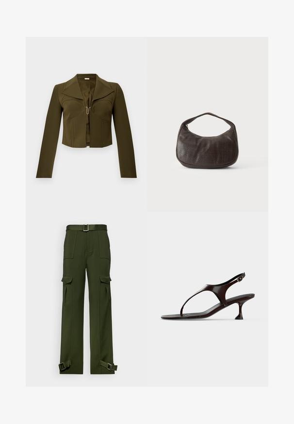 Veste cropped olive verte avec un design structuré, des revers nets, des manches longues et une fermeture à crochet à l'avant, fabriquée en tissu lisse.; Pantalons cargo verts en tissu durable. Les caractéristiques incluent une taille ceinturée, plusieurs grandes poches et des sangles à boucles aux chevilles.; Sandale slingback en cuir verni marron foncé avec petit talon et bride entre les orteils sur fond blanc.; Petit sac à main marron foncé texturé avec une courte bandoulière et un fond arrondi sur un fond clair uni.