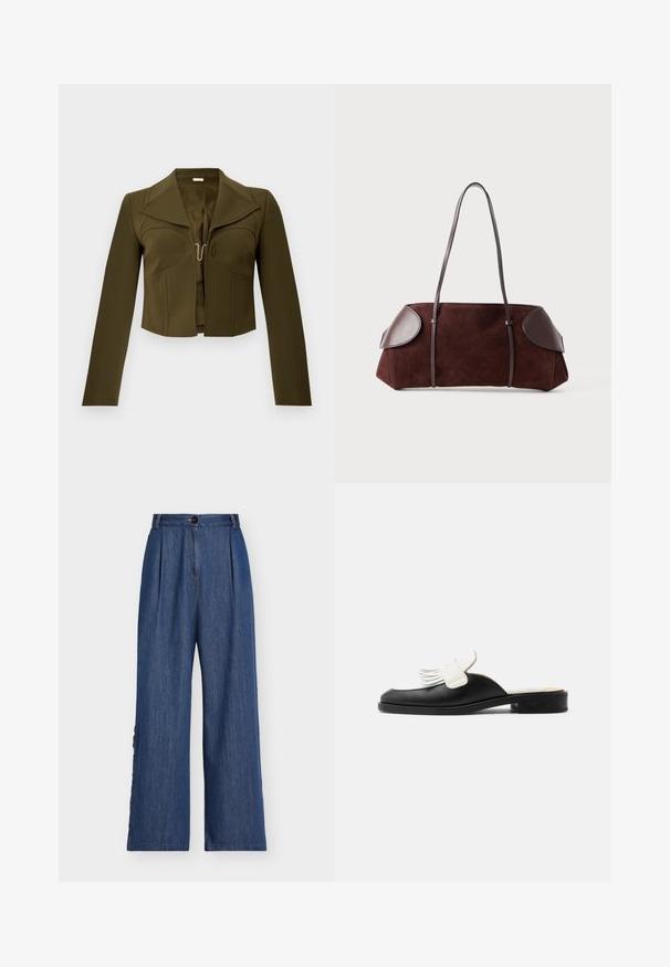 Veste cropped olive verte avec un design structuré, des revers nets, des manches longues et une fermeture à crochet à l'avant, fabriquée en tissu lisse.; Pantalon en denim taille haute à jambes larges avec fermeture par boutons et boutons latéraux le long des jambes extérieures, lavage bleu.; Mule en cuir noir avec petit talon et détail à franges blanches sur le dessus, style glissé.; Sac en daim marron avec des accents en cuir, forme structurée, double poignées, bords arrondis, présentant une texture lisse et un matériel minimal.