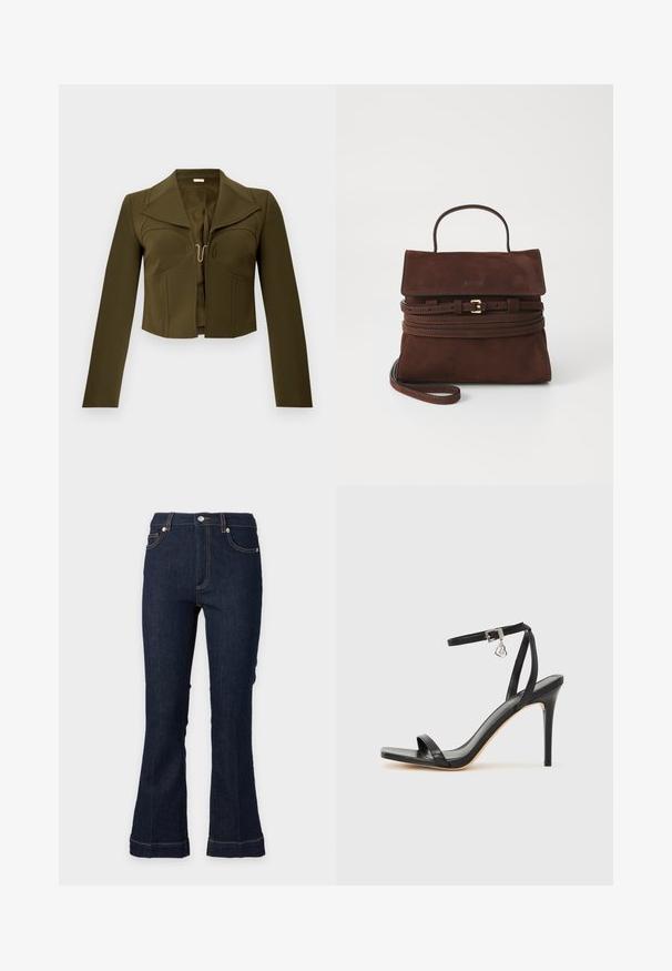 Veste cropped olive verte avec un design structuré, des revers nets, des manches longues et une fermeture à crochet à l'avant, fabriquée en tissu lisse.; Jean en denim bleu foncé avec une légère évasement, poches avant, fermeture par bouton et zip, et surpiqûres contrastantes.; Sandale à talon haut noire avec une bride étroite à la cheville, bout carré, cuir lisse et accent de boucle métallique.; Sac à main en suède marron au design structuré, avec anse supérieure et bandoulière amovible. Dispose d'une fermeture rabat et d'accents en métal doré.