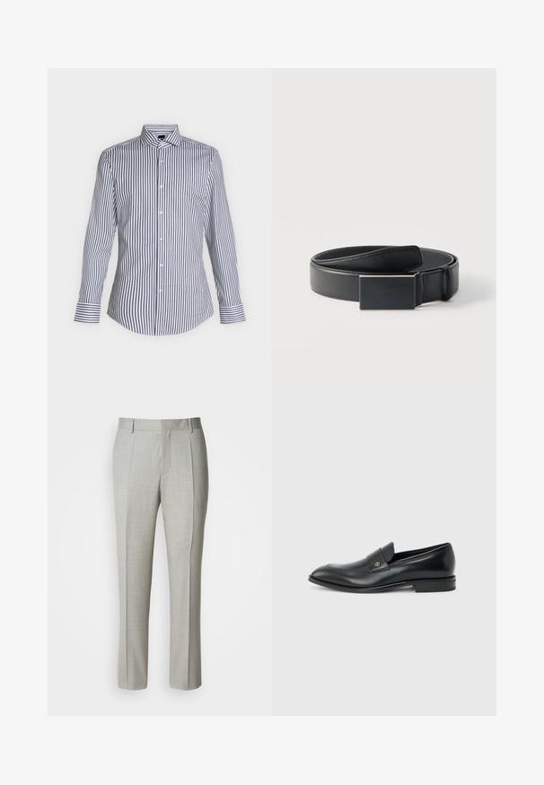 Chemise blanche à manches longues avec fines rayures verticales noires, boutonnée sur le devant, avec col pointu, présentée sur un fond clair uni.; Pantalon tailleur gris clair en tissu lisse, présentant une coupe droite, des plis à l'avant, et une ceinture classique avec passants pour ceinture.; Mocassin pour hommes en cuir noir avec talon bas, bout arrondi et petit logo métallique sur la bride, présenté en profil latéral sur un fond uni.; Ceinture en cuir noir enroulée avec une boucle noire mate rectangulaire et un logo embossé discret sur fond blanc.