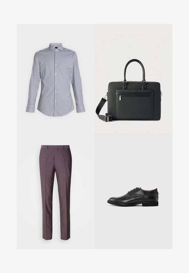 Chemise blanche à manches longues avec fines rayures verticales noires, boutonnée sur le devant, avec col pointu, présentée sur un fond clair uni.; Pantalons sur mesure pour hommes dans une teinte violette douce, présentant une texture lisse, une coupe droite et des plis avant pour un détail supplémentaire.; Chaussure habillée pour homme en cuir noir, à lacets sur l'avant, avec une languette rouge au talon, sur fond uni.; Mallette rectangulaire noire avec poignées supérieures, poche zippée à l'avant et bandoulière détachable avec le logo Lacoste.