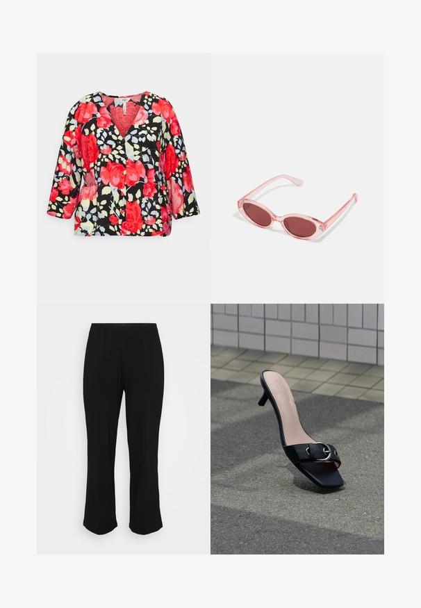Object Curve OBJLIMONE TOP - Blouse - hot coralaop/flowers; Pantalons noirs évasés avec une finition lisse et des détails de plis subtils, présentés sur un fond blanc uni.; Mule sandale à talon noir avec bout carré, boucle argentée sur la bride, posée sur l'asphalte près d'un mur carrelé.; Lunettes de soleil transparentes roses avec des verres ovales, teintés d'un rouge foncé, et des branches fines, présentant une finition lisse et des détails subtils sur la monture.