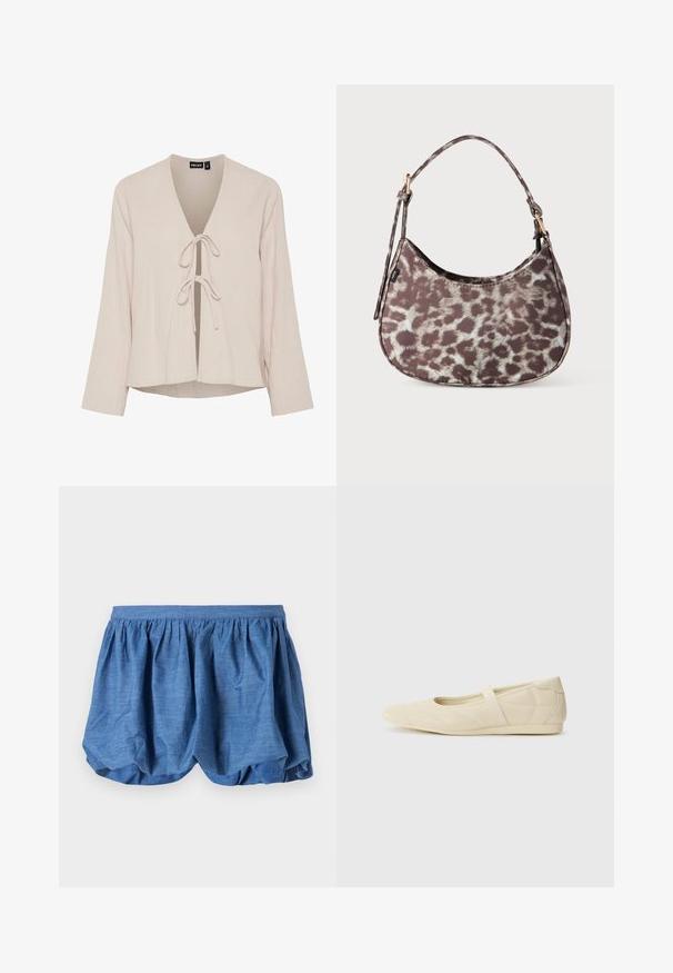 Blouse beige clair avec un décolleté en V profond, des manches longues et une fermeture à nouer à l'avant. Fabriquée en tissu texturé et doux avec une coupe décontractée.; Shorts légers de couleur bleue avec une taille élastique froncée et un design fluide et texturé. Présentent une finition en tissu doux avec une coupe décontractée.; Ballerines beiges avec une exterior en cuir lisse, un bout en forme d'amande et une sangle élastique sur le coup de pied, avec des détails de couture subtils.; Petit sac à main avec un motif animalier marron foncé et beige clair et une courte bandoulière sur fond blanc.