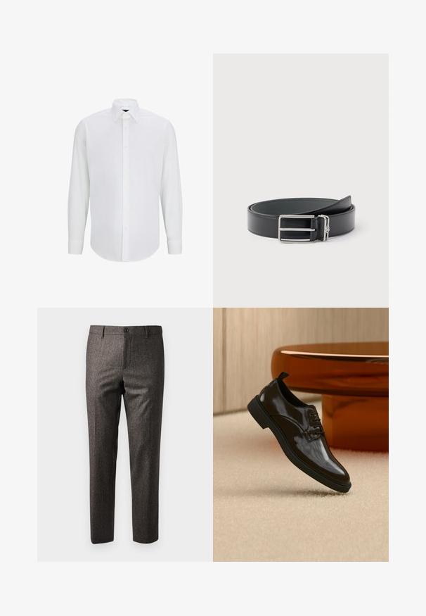Chemise blanche à manches longues en tissu lisse, avec un col standard, une fermeture à boutons à l'avant et un ourlet arrondi. Pas de motifs ni d'accents visibles.; Pantalons marron à chevrons avec une coupe slim, dotés d'une fermeture à bouton à l'avant et de poches latérales, fabriqués en tissu texturé avec un léger éclat.; Chaussure habillée noire brillante en cuir à lacets flottant au-dessus d'un tapis beige avec une table ronde marron brillante en arrière-plan.; Ceinture en cuir noir avec une boucle rectangulaire argentée et une petite boucle argentée attachée, enroulée sur un fond blanc.
