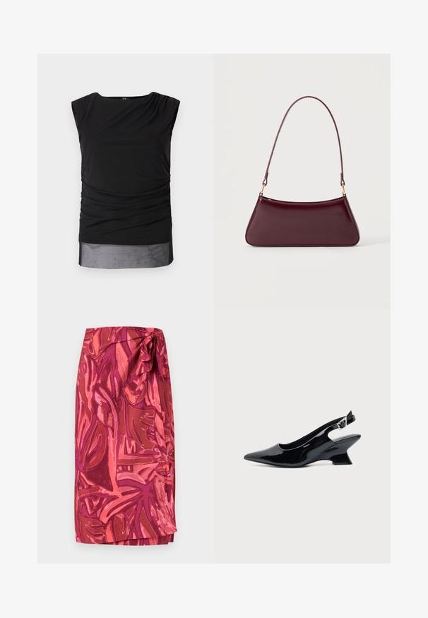 Zwart mouwloos topje van rekbaar materiaal, met gathered zijkanten, een boot neckline en een doorschijnende onderboord.; Wikkelrok met roze en rood abstract bloemenpatroon, in een knoop gestrikt bij de taille, midi-lengte.; Zwarte lakleren slingback schoen met spitse neus en lage schuine blokhak op een effen lichte achtergrond.; Donker bordeaux glanzende handtas met een enkele dunne handgreep en een slanke trapeziumvorm op een effen lichte achtergrond.