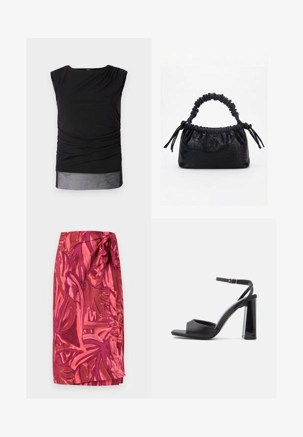 Zwart mouwloos topje van rekbaar materiaal, met gathered zijkanten, een boot neckline en een doorschijnende onderboord.; Wikkelrok met roze en rood abstract bloemenpatroon, in een knoop gestrikt bij de taille, midi-lengte.; Zwarte satijnen sandalen met hoge hak en enkelbandje, open teen ontwerp en een glanzende blokhak. Heeft minimale stiksels en een gladde textuur.; Zwarte handtas met krokodillenstructuur, geplooide bovenrand, samengevoerde handgreep en koordtassels aan elke kant tegen een witte achtergrond.