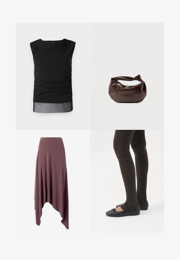Top sin mangas negro hecho de tela elástica, con lados fruncidos, cuello de barco y un dobladillo inferior transparente.; Falda midi asimétrica de color malva con cintura alta y paneles de tela fluidos sobre fondo blanco.; Piernas con leggings oscuros acanalados combinados con bailarinas negras que presentan pequeños detalles de lazo sobre un fondo blanco.; Bolso de hombro de cuero marrón oscuro con una forma suave y caída, y un asa con nudo torcido sobre un fondo blanco liso.