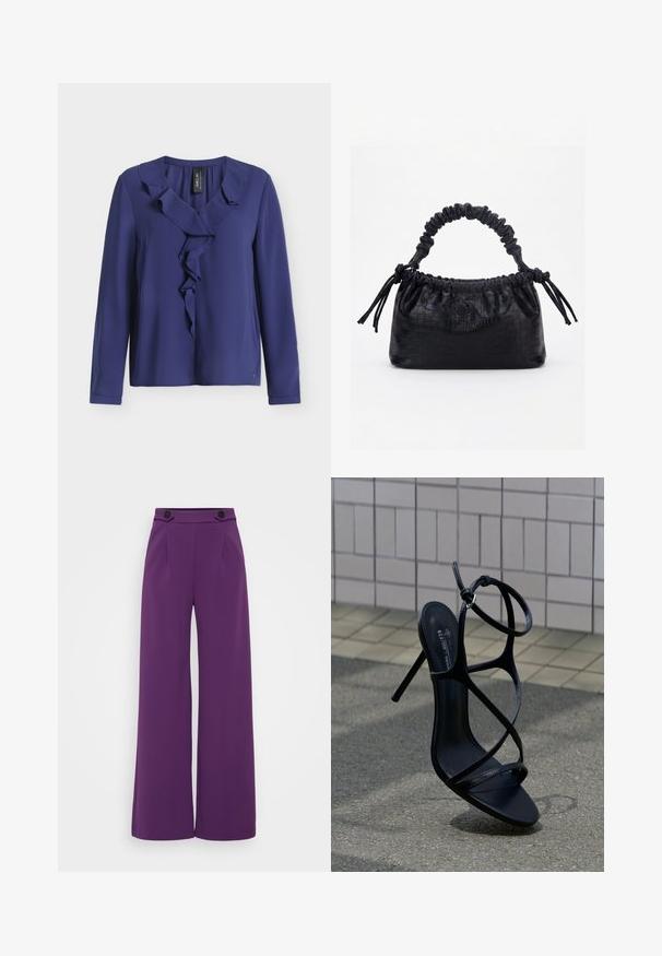 Blouse bleu marine à manches longues avec col en V volanté et devant, en tissu lisse, présentée sur fond blanc.; Pantalons évasés d'une couleur violette vive, fabriqués en tissu lisse avec une taille ajustée comportant deux boutons noirs et des plis à l'avant.; Sandale noire à talon haut avec fines lanières et boucle à la cheville, positionnée debout sur un trottoir gris près d'un mur carrelé en arrière-plan.; Sac à main noir avec texture crocodile, bord supérieur froncé, poignée plissée et pompons à cordon de chaque côté sur fond blanc.
