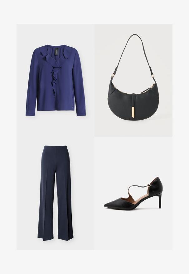 Blouse bleu marine à manches longues avec col en V volanté et devant, en tissu lisse, présentée sur fond blanc.; Pantalon large bleu marine avec fentes latérales, taille haute et devant lisse, présenté sur un fond blanc.; Chaussure à talon haut en cuir noir à bout pointu avec une fine bride à la cheville et un talon stiletto de hauteur moyenne sur fond blanc.; Sac à main noir en forme de croissant avec une bandoulière unique, une fermeture éclair dorée et une languette décorative rectangulaire dorée à l'avant.