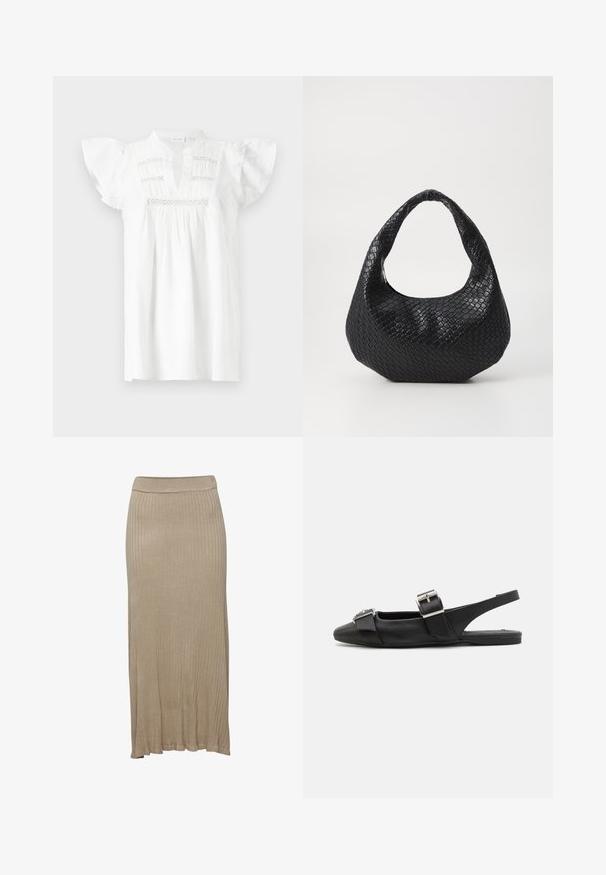 Blusa blanca de manga corta con escote en V, textura fruncida y detalles de encaje horizontal a lo largo del cuerpo. Tejido de algodón suave.; Falda midi de punto acanalado en color beige con una cinturilla ajustada, ligera evasión en el dobladillo y textura suave. Adecuada para un look casual o semi-formal.; Zapato de piel negra tipo slingback con suela plana, punta cuadrada y dos correas con hebillas en la parte superior. Textura suave con un detalle mínimo.; Bolso de mano tejido en negro con un asa curvada, que presenta una superficie texturizada y una forma holgada. Acabado suave con una silueta orgánica.