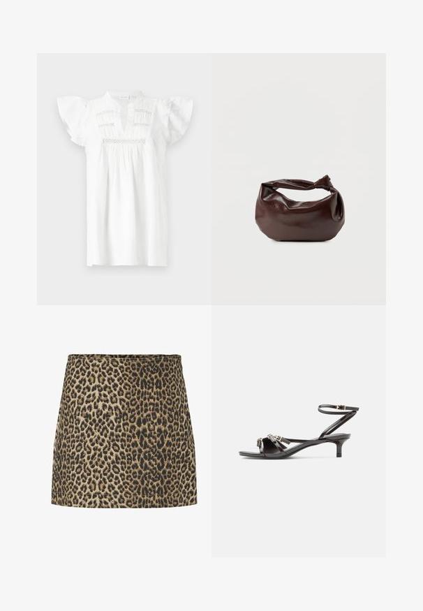 Blusa blanca de manga corta con escote en V, textura fruncida y detalles de encaje horizontal a lo largo del cuerpo. Tejido de algodón suave.; Minifalda de estampado de leopardo en beige y negro, hecha de una tela suave con una textura lisa y un corte recto, con una cinturilla sencilla.; Sandalia de charol negro con tiras delgadas, tacón pequeño tipo gatito y cierre ajustable con hebilla en el tobillo.; Bolso de hombro de cuero marrón oscuro con una forma suave y caída, y un asa con nudo torcido sobre un fondo blanco liso.