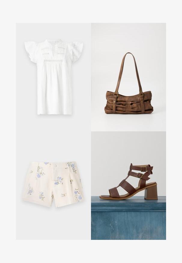 Blusa blanca de manga corta con escote en V, textura fruncida y detalles de encaje horizontal a lo largo del cuerpo. Tejido de algodón suave.; Pantalones cortos florales hechos de una tela ligera, con una base crema y patrones de flores azules y verdes, dos bolsillos frontales y un cierre de botón.; Sandalias de tacón de cuero marrón con múltiples tiras y hebillas doradas. Punta cuadrada y tacón grueso texturizado. Forro interior suave.; Even&Odd Bolso de mano - brown
