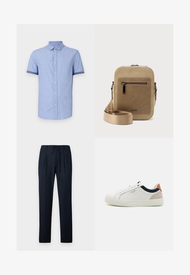 Chemise bleu clair à manches courtes avec un col boutonné, dotée de boutons marron clair et d'une finition contrastante bleu foncé sur les manches.; Pantalon bleu marine en tissu léger, avec un motif texturé, une finition plissée à l'avant et une taille élastique munie d'un cordon de serrage.; Baskets en cuir blanc avec un design bas, accent en tissu bleu marine sur le col et onglet de talon en daim rose pâle. Semelle en caoutchouc.; Petit sac bandoulière beige avec poche avant zippée, logo métallique ALDO, sangle large ajustable et forme rectangulaire arrondie sur fond blanc.