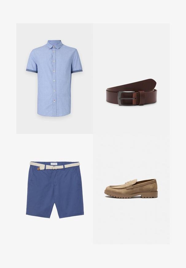 Chemise bleu clair à manches courtes avec un col boutonné, dotée de boutons marron clair et d'une finition contrastante bleu foncé sur les manches.; Shorts en coton bleu avec une ceinture en crème tissée. Les caractéristiques incluent deux poches latérales et une coupe classique avec un design à jambe droite.; Mocassins en daim beige avec un bout arrondi, semelle en caoutchouc plate et coutures décoratives sur la tige. Dispose d'un design à enfiler sans lacets.; Ceinture en cuir brun avec une texture lisse, dotée d'une pointe courbée et d'une boucle métallique rectangulaire au fini sombre.