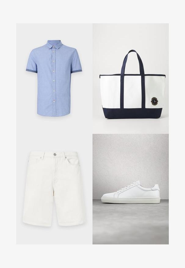 Chemise bleu clair à manches courtes avec un col boutonné, dotée de boutons marron clair et d'une finition contrastante bleu foncé sur les manches.; Shorts en denim blanc avec une coupe droite, présentant des poches avant, une taille avec passants de ceinture et une fermeture à bouton en métal. Texture lisse.; Sneaker blanche avec une tige en cuir lisse et un profil bas. Présente un bout arrondi, six œillets et une semelle en caoutchouc texturé.; Sac fourre-tout en toile blanche avec des accents bleu marine. Dispose de deux poignées robustes et d'un écusson logo à l'avant. Forme rectangulaire.