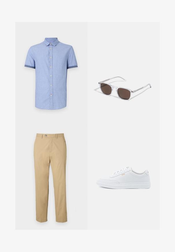 Chemise bleu clair à manches courtes avec un col boutonné, dotée de boutons marron clair et d'une finition contrastante bleu foncé sur les manches.; Pantalons en mélange de coton beige avec une coupe droite, poches avant et fermeture à bouton. Texture lisse et ourlets retroussés.; Baskets blanches en cuir avec une texture lisse, bout rond et coutures tonales. Possède des lacets bleus et un logo doré sur le côté.; Lunettes de soleil en plastique transparent avec des verres marron rectangulaires, dotées de branches fines et transparentes ainsi que d'accents en métal sur les tempes.