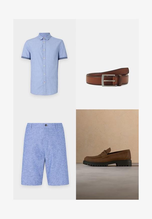 Chemise bleu clair à manches courtes avec un col boutonné, dotée de boutons marron clair et d'une finition contrastante bleu foncé sur les manches.; Shorts bleu clair en tissu texturé, dotés d'une fermeture à bouton à l'avant et de poches latérales, avec une coupe droite et un design au genou.; Mocassin en cuir marron foncé avec semelle épaisse en caoutchouc noir présenté au-dessus d’un tapis beige et d’un canapé en arrière-plan.; Ceinture en cuir brun avec une boucle rectangulaire en argent, présentant des détails de couture subtils et une texture lisse.