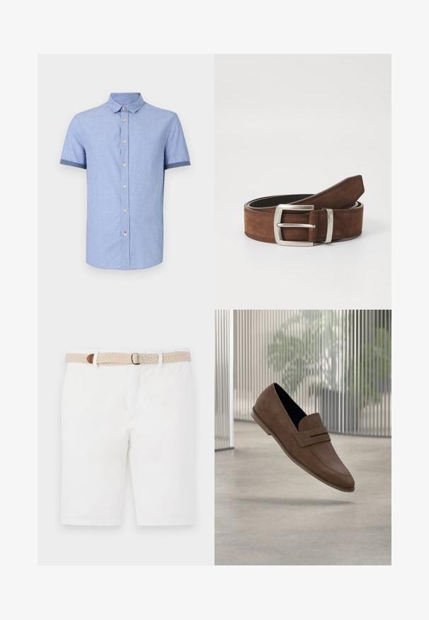 Chemise bleu clair à manches courtes avec un col boutonné, dotée de boutons marron clair et d'une finition contrastante bleu foncé sur les manches.; Shorts en coton blancs avec une ceinture tissée beige accentuée de marron. Les shorts ont un design épuré et une texture lisse.; Mocassins en daim marron avec une finition lisse, des détails cousus, et un design à bout rond. Semelle surélevée et style sans lacets.; Ceinture en suède marron avec une boucle en métal argenté et des détails de coutures linéaires. La ceinture est plate et a une largeur et une forme classiques.