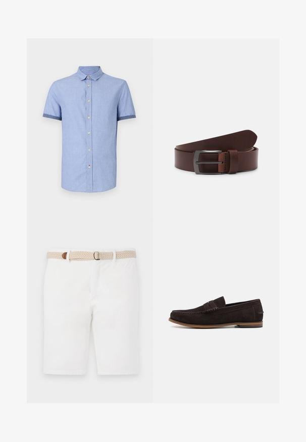 Chemise bleu clair à manches courtes avec un col boutonné, dotée de boutons marron clair et d'une finition contrastante bleu foncé sur les manches.; Shorts en coton blancs avec une ceinture tissée beige accentuée de marron. Les shorts ont un design épuré et une texture lisse.; Mocassins en daim marron foncé avec un bout arrondi, une tige texturée et une semelle en caoutchouc marron clair. Présente une sangle décorative sur le devant.; Ceinture en cuir brun avec une texture lisse, dotée d'une pointe courbée et d'une boucle métallique rectangulaire au fini sombre.