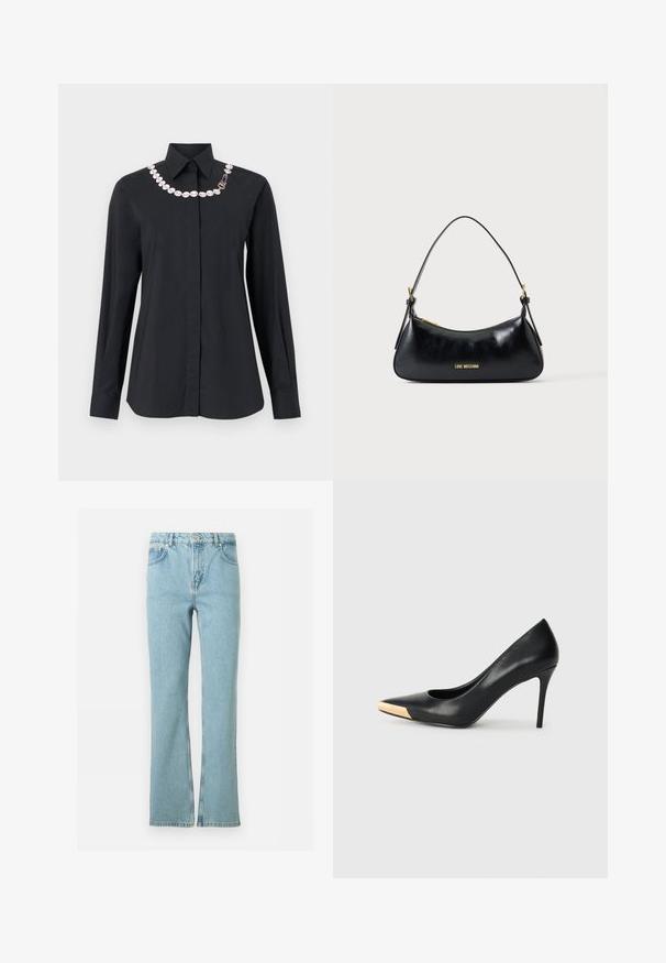 Chemise noire à manches longues avec boutons et col pointu, ornée d'une chaîne décorative de perles blanches et d'un fermoir doré le long de l'encolure.; Jean denim bleu clair à jambes droites avec bouton frontal, fermeture éclair, passants pour ceinture et style à cinq poches sur fond blanc.; Pompe à talon haut en cuir noir avec bout pointu ; présente une accentuation métallique dorée sur le capuchon. Surface lisse avec un design épuré.; Sac d'épaule en cuir noir avec fermeture éclair dorée et logo "LOVE MOSCHINO" sur le devant, doté d'une poignée supérieure incurvée.