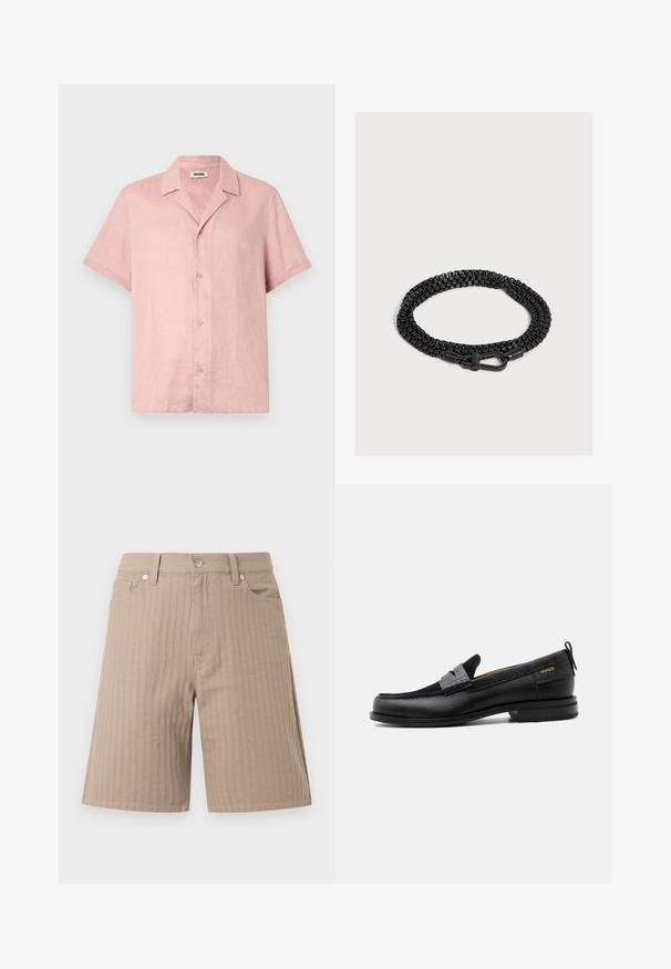 Chemise à manches courtes en lin rose doux, avec un col évasé, fermeture par boutons sur le devant et une coupe décontractée. Texture lisse avec un léger éclat.; Shorts beiges en tissu texturé avec des rayures verticales, une ceinture avec un bouton avant et des poches latérales.; Mocassin en cuir noir avec détail de bride grise, talon bas et semelle texturée, marqué "HUGO" en or sur le côté.; Chaîne métallique tissée noire avec un fermoir mousqueton noir, enroulée sur un fond gris clair.
