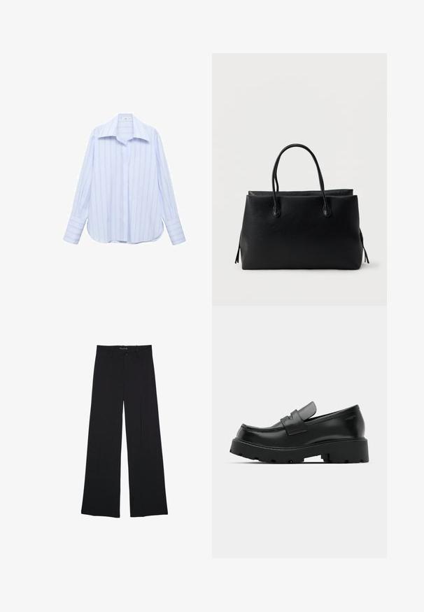 Chemise à manches longues bleu clair avec des rayures blanches verticales, un col pointu et une fermeture à boutons. Elle présente une coupe décontractée et des manches à poignets.; Pantalon noir à jambes larges avec passants de ceinture, bouton frontal et fermeture éclair, étalé à plat sur un fond blanc.; Mocassins en cuir noir avec une semelle épaisse et texturée, dotés d'une sangle sur le vamp et d'une finition lisse et polie.; Sac cabas en cuir noir avec deux poignées, forme rectangulaire, et une surface simple texturée sur un fond blanc uni.