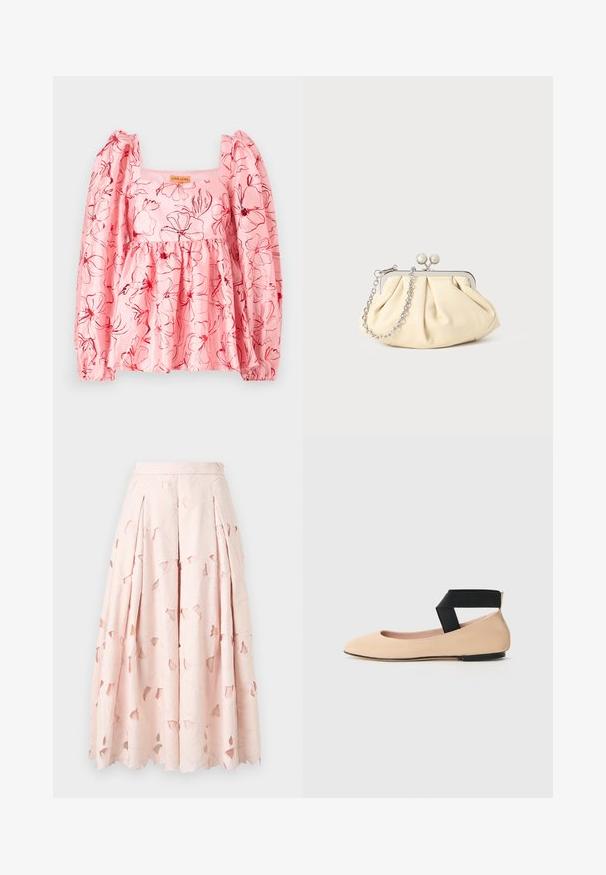 Roze blouse met pofmouwen, een vierkante halslijn en een bloemenpatroon in het rood. Gemaakt van textuurstof met een geraffineerde taille.; Lichtroze midi-rok met bloemenuitsnijdingen en een reliëfpatroon, voorzien van plooien en een nauwsluitende tailleband.; Beige leren balletschoenen met een spitse neus en een zwarte band rond de enkel, met een gladde textuur en een minimalistisch ontwerp.; Geplooide beige leren clutch met een zilveren metalen frame, voorzien van twee ronde decoratieve sluitingen en een zilveren kettingriem.