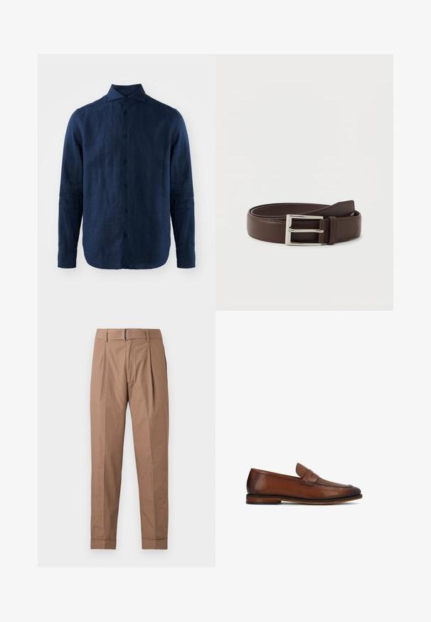 Mørkeblå linned skjorte med lange ærmer, spidse krave, front lukning med knapper og tekstureret stof. Rundet kant og knaplukning ved ærmerne.; Beige bukser med lige ben, plisseringer, bæltestropper, opsmøgede kanter og bælte med metalspænde på hvid baggrund.; Brun læder herre loafer med lav hæl, moc-toe syning og en tekstureret remdetalje på overdelen.; Mørkebrun læderbælte med sølvfarvet rektangulær spænde, pænt snoet på en ensfarvet hvid baggrund.