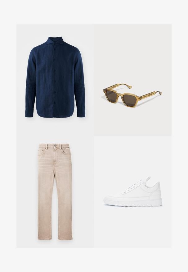 Mørkeblå linned skjorte med lange ærmer, spidse krave, front lukning med knapper og tekstureret stof. Rundet kant og knaplukning ved ærmerne.; Beige denimjeans med lige ben, fem lommer og knaplukning foran. Har diskret falmning og syningsdetaljer.; Hvid lav sneaker med snørelukning, syninger, trækkehank på hælen og rillede sål på ensartet lyst baggrund.; Bourgunderrøde solbriller med geometrisk form, mørke linser, tykke transparente stel og prægede logoer på stængerne.