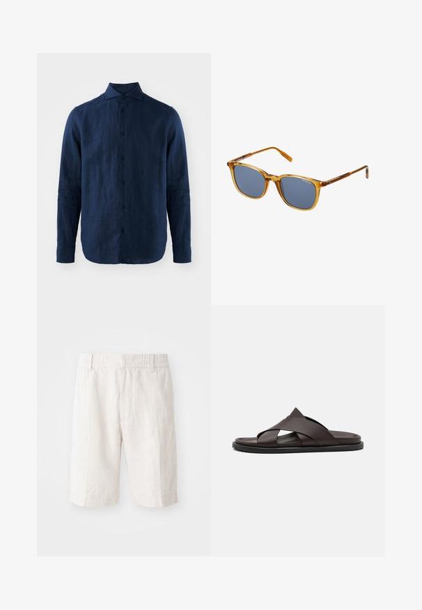 Mørkeblå linned skjorte med lange ærmer, spidse krave, front lukning med knapper og tekstureret stof. Rundet kant og knaplukning ved ærmerne.; Linnedeleshorts i lys beige med elastisk talje, sidelommer og lige snit. Glat tekstur med minimal synlig syning.; Stuart Weitzman BERKLEY - Slip-on sandaler - espresso; Brune gennemsigtige plastiksunglasses med mørke grå linser, firkantet form, diskret branding på stellet, og en glansfuld finish.