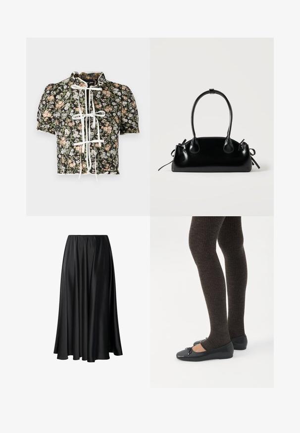 Korte mouwen blouse met een zwart bloemenprint, wit striksluiting en gathered schouders. Decoratieve scalloped zoom met textuurstof.; Zwarte maxi rok van gladde stof, met een elastische tailleband, een volle silhouet en een vloeiende zoom zonder zichtbare patronen of details.; Benen met donkere geribbelde leggings gecombineerd met zwarte ballerina's met kleine strikdetails op een witte achtergrond.; Kleine zwarte glanzende handtas met twee lange hengsels en zijkant trekkoord details op een effen lichte achtergrond.