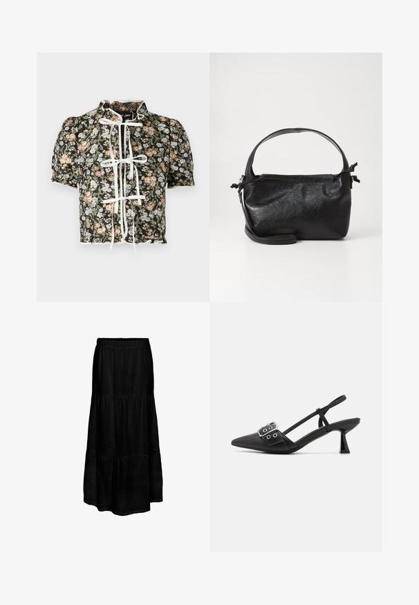 Korte mouwen blouse met een zwart bloemenprint, wit striksluiting en gathered schouders. Decoratieve scalloped zoom met textuurstof.; Zwarte, gelaagde maxirok met een elastische tailleband, gemaakt van een lichtgewicht stof, met een gestructureerde afwerking en een vloeiende silhouette.; Simmi London DALA - Klassieke pumps - black; Zwarte leren handtas met een gestructureerd ontwerp, een ronde bovenhandgreep en een afneembare schouderriem. Beschikt over een gladde textuur en een subtiele glans.