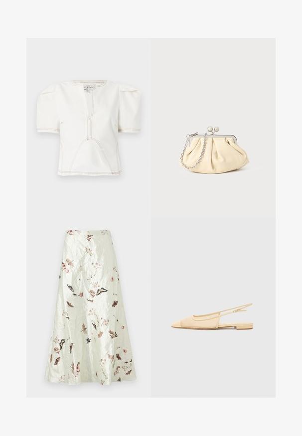 Haut blanc court avec manches courtes bouffantes, présentant un col en V profond et des surpiqûres marron contrastantes soulignant les coutures et les détails du design.; Jupe trapèze couleur crème avec une texture froncée et des motifs délicats d'insectes et floraux imprimés dans des tons doux de rose et de brun.; Chaussure plate slingback en beige clair avec une tige en maille, un bout pointu et un petit talon. Dotée d'une sangle ajustable pour un bon maintien.; Pochette en cuir beige plissé avec un cadre en métal argenté, dotée de deux fermoirs ronds décoratifs et d'une chaîne en argent.