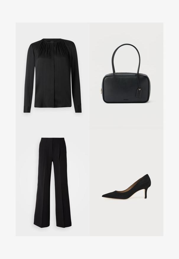 Blouse noire à manches longues en tissu lisse avec un col arrondi et de légères fronces aux épaules. Présente une coupe droite et une fermeture par boutons.; Pantalons noirs en tissu lisse, avec une taille haute, une coupe évasée et deux plis sur le devant pour un détail de conception supplémentaire.; Escarpin en daim noir à bout pointu avec un talon stiletto fin de hauteur moyenne et un design à coupe basse sur un fond uni.; Sac à main rectangulaire noir avec doubles poignées arrondies, fermeture éclair dorée et logo "HUGO" embossé sur le devant avec une étiquette en cuir attachée.