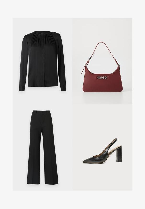 Blusa negra de manga larga hecha de una tela suave con cuello redondo y sutiles fruncidos en los hombros. Presenta un corte recto y un cierre de botones en la parte delantera.; Pantalones de pierna ancha negros con un diseño a medida, que presentan una textura suave y sutiles plisados en la parte frontal. Sin herrajes ni patrones visibles.; Zapato slingback de piel negra con puntera puntiaguda, tacón alto y ancho, y forro interior beige sobre un fondo claro y liso.; Pequeño bolso rectangular de cuero burdeos con correa ajustable y placa de logotipo plateada "HUGO" en la parte frontal.