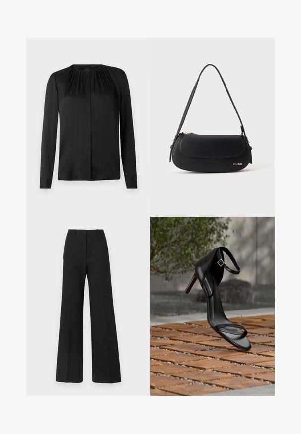 Blouse noire à manches longues en tissu lisse avec un col arrondi et de légères fronces aux épaules. Présente une coupe droite et une fermeture par boutons.; Pantalons black à jambes larges avec un design sur mesure, présentant une texture lisse et de subtils plis à l'avant. Pas de garnitures ou de motifs visibles.; Sandale noire à talon haut avec sangle à la cheville, suspendue au-dessus d'un sol en carreaux de bois à l'extérieur, avec un arrière-plan flou de verdure et de pierre.; Sac à épaule en cuir noir avec rabat incurvé, logo doré "HUGO" sur le devant, et une bandoulière réglable.