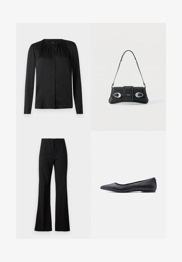 Blusa negra de manga larga hecha de una tela suave con cuello redondo y sutiles fruncidos en los hombros. Presenta un corte recto y un cierre de botones en la parte delantera.; Pantalones de campana negros hechos de una tela suave, con cintura alta, pliegues delanteros y un acabado limpio en los bajos.; Zapato plano de cuero negro con punta puntiaguda y tacón bajo, mostrado de perfil contra un fondo blanco.; Bolso de hombro de cuero negro con dos hebillas plateadas y correa ajustable, con el logo "HUGO" en el centro frontal.