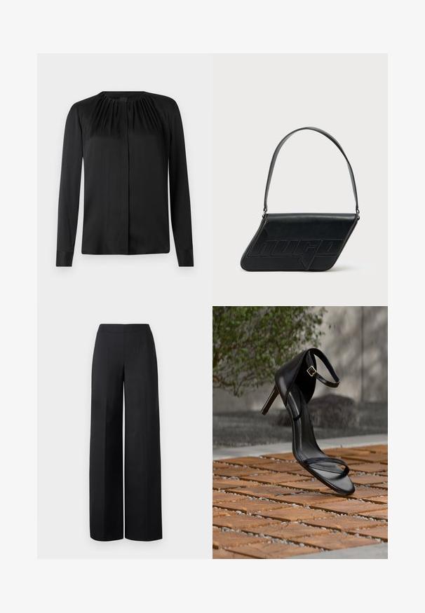 Zwarte blouse met lange mouwen van een gladde stof, met een ronde hals en subtiele plooien bij de schouders. Heeft een rechte snit en een knoopsluiting aan de voorkant.; Zwarte wijde broeken van een gladde stof. Heeft een hoge tailleband en schone, rechte lijnen zonder zichtbare zakken of versieringen.; Zwarte hoge hak sandaal met enkelbandje zweeft boven een houten tegelvloer buiten, met een onscherpe groene en stenen achtergrond.; Zwarte leren schoudertas met een driehoekige vorm, geperst logo en een enkele verstelbare riem. Minimalistisch ontwerp met een gladde textuur.