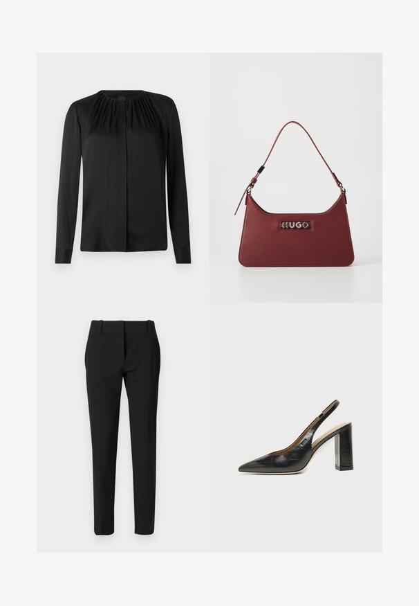Blouse noire à manches longues en tissu lisse avec un col arrondi et de légères fronces aux épaules. Présente une coupe droite et une fermeture par boutons.; Pantalon noir sur mesure avec une coupe droite, une ceinture et une texture lisse. Pas de motifs ou d'ornements visibles.; Chaussure slingback en cuir noir à bout pointu avec un talon bloc haut et une doublure intérieure beige sur un fond clair uni.; Petit sac à main rectangulaire en cuir bordeaux avec une bandoulière ajustable et une plaque logo « HUGO » en argent à l'avant.