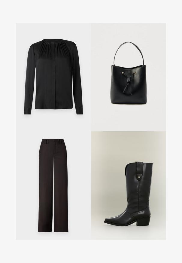 Zwarte blouse met lange mouwen van een gladde stof, met een ronde hals en subtiele plooien bij de schouders. Heeft een rechte snit en een knoopsluiting aan de voorkant.; Zwarte wijde broekspijpen met een vlakke voorkant, riemlussen en een gladde textuur, ontworpen voor een getailleerde pasvorm. Geen zichtbare hardware of patronen.; Hoge zwarte leren cowboylaars met spitse neus, stevige hak en treklus met een klein gouden logo.; Zwarte leren bucketbag met een gladde textuur, trekkoordsluiting en een enkele schouderriem. Voorzien van goudkleurige hardware en een logo.