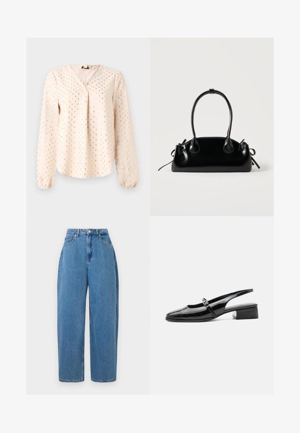 Langärmlige, hellrosa Bluse mit V-Ausschnitt, die goldenem Quadratmuster versehen ist. Weicher Stoff mit gerafften Säumen und lockerer Passform.; Hellblaue Jeanshose mit geradem Bein, hoher Taille und Knopfverschluss vorne. Verfügt über fünf Taschen und minimale Nähte.; Schwarzer Slingback-Schuh aus Lackleder mit niedrigem Blockabsatz und dünnem Riemen mit silberner Schnalle oben.; Kleine schwarze glänzende Handtasche mit zwei langen Griffen und seitlichen Kordelzug-Details vor einfachem hellem Hintergrund.