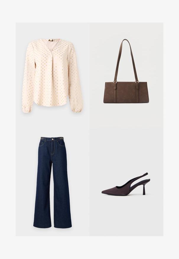 Blusa de manga larga en rosa claro con escote en V, que presenta patrones cuadrados dorados. Textura suave con puños fruncidos y un corte relajado.; Los pantalones vaqueros de pierna ancha de denim azul oscuro cuentan con una cintura alta, acentos de cadena dorada en la pretina y detalles de costura en contraste a lo largo de la prenda.; Zapato de tacón con tira trasera en tela color púrpura oscuro. Diseño de punta rematada, laterales abiertos y tacón delgado de forma cuadrada. Textura suave.; Bolso marrón rectangular de hombro con correas largas y detalles mínimos de costura sobre un fondo liso.
